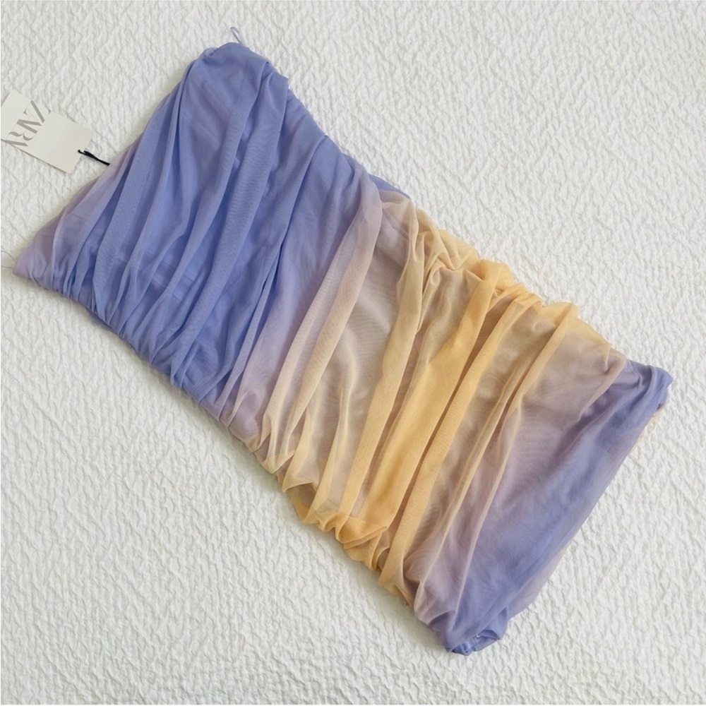 ZARA Strapless Tulle Dress Ombre Mesh Strapless Mini XL Purple Ruched Bodycon - Picture 2 of 10